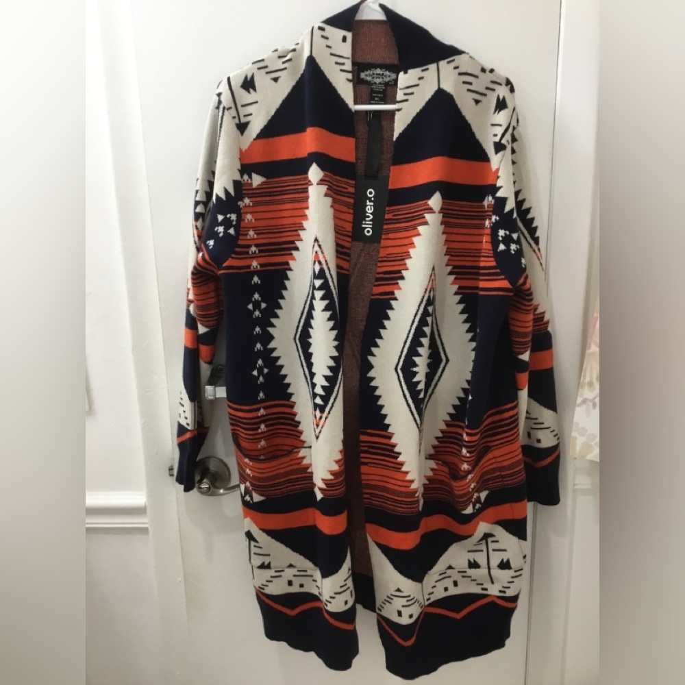 Oliver.O Orange, blue and cream Aztec Southwestern long cardigan NWT size XL - Picture 1 of 4